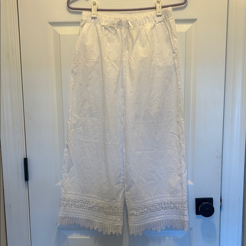 Crewcuts by J. Crew Girls White 100% Cotton Wide-Leg Pants with Lace Hem